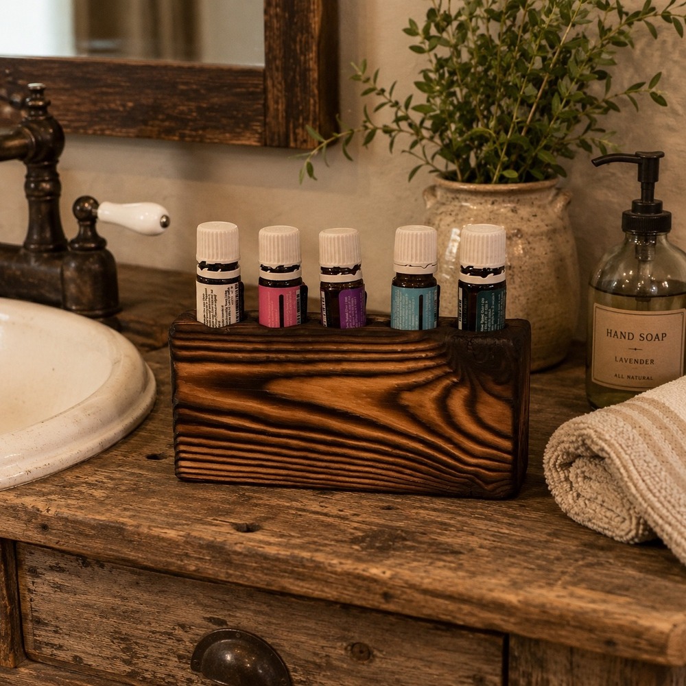 Handmade Rustic Wood Essential Oil Holder 5 Slot Organizer 5ml 10ml Bottles
